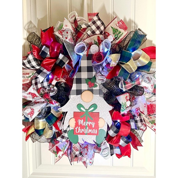 Handmade Merry Christmas Gnome Holiday Ribbon Door Wreath 22 ins W46 - Picture 9 of 11